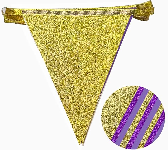 30Ft Purple Gold Party Decoration Pennant Banner Flag Hanging Glitter Paper Triangle Bunting for Baby Shower Birthday Bridal Shower Wedding Bachelorette Engagement Lavender Lilac Violet Party Supplies