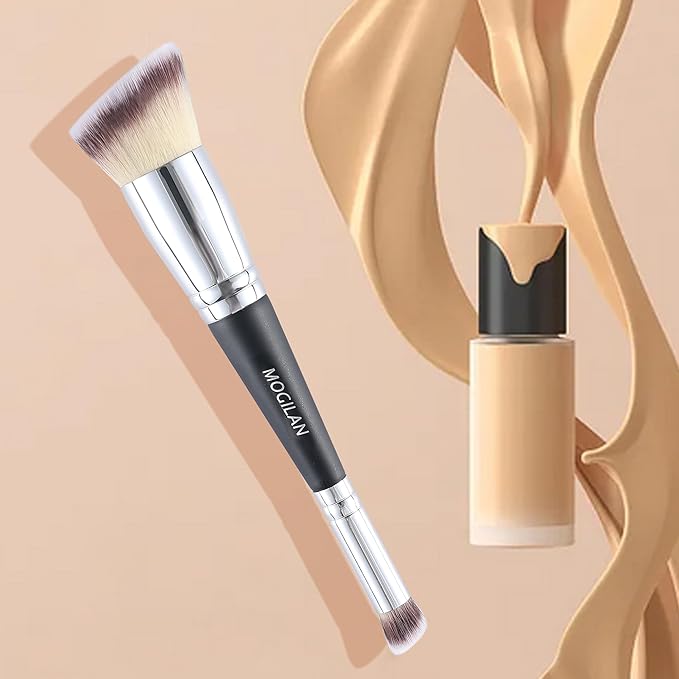 Double Ended Makeup Brushes – Professional Angled Foundation & Blush Brush with Concealer Blending Brush for Liquid, Cream & Powder Buffing Large Face Make Up Applicator