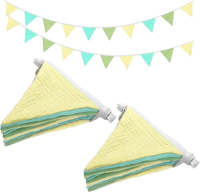 2PCS Pennant Banner Flags, Fabric Bunting Banner Nursery Garland Decor, Baby Shower Garland, Triangle Flags for Baby Boy Room, Playroom, Boho Birthday Party Decor, Each 7.75 ft (Yellow Green Blue)