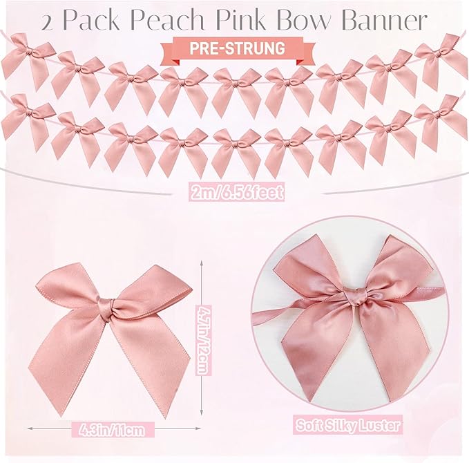 2pcs Bow Garland Banner, Ribbon Bow Party Decorations for Baby Shower Girls Bow Coquette Birthday Party Decor (Peach Pink)