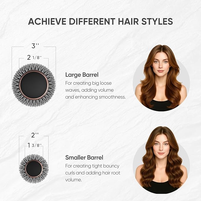 Round Brush for Blow Drying, Ceramic Coated Barrel for Volumizing & Shine, Lightweight Styling Brush for Straightening, Curling,with 4 Hair Clips (1.3inch&2.1inch)