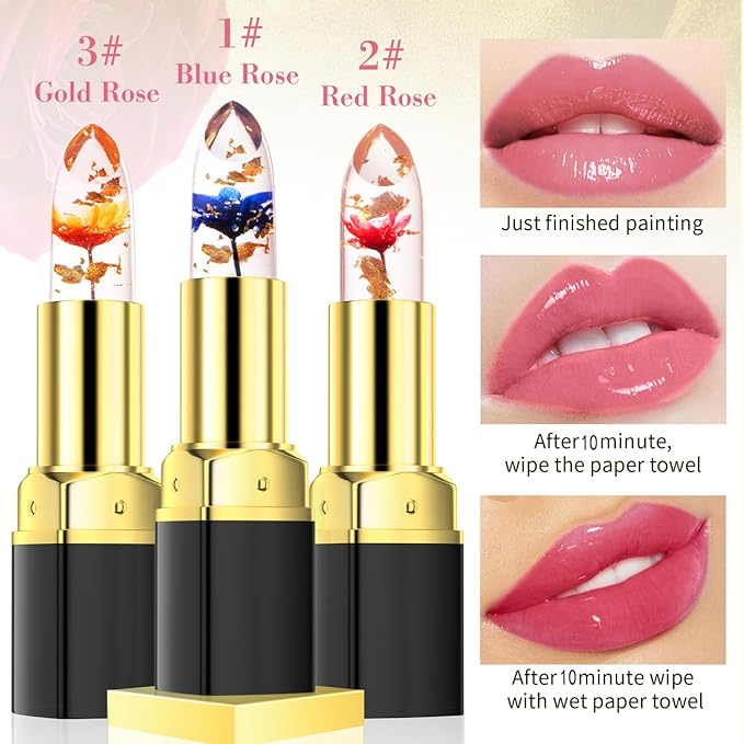 3Pcs Jelly Clear Crystal Flower Lipstick Set, Magic PH Temperature Color Changing Lipstick Lip Gloss, Natural Moisturizing Lip Balm Korean Labiales Magicos Lip Gloss Lip Tinted Stain Makeup