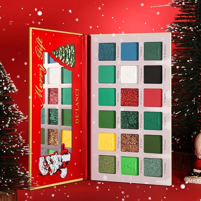 DE'LANCI Multichrome Red Green Eyeshadow Pallet,18 Colors Highly Pigmented Matte Shimmer Christmas Makeup Palette, Red Green Gold Fine Pressed Glitter Shades for Cosplay Parties Christmas Halloween