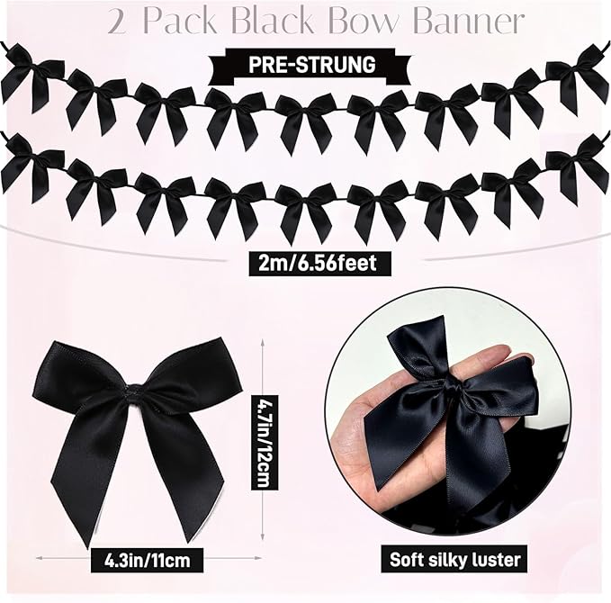 2pcs Bow Garland Banner, Ribbon Bow Party Decorations for Baby Shower Girls Bow Coquette Birthday Party Decor (Black)