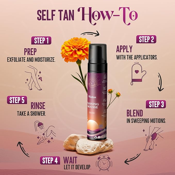 Self Tanner Mousse Kit - 250mL XL & Mitt & Strap | 1-Hour Express Dark Bronze + Plant 30% DHA for Long-Lasting Tan | No Orange Tones, Streak-Free & Odorless | Natural Sunless Glow