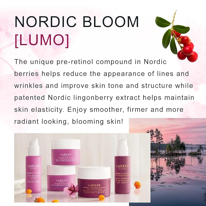 Lumene [Lumo] Nordic Bloom Anti-Wrinkle & Firm Moisturizing V-Shape Face Serum - Hydrating Serum to Help Visibly Reduce Fine Lines + Wrinkles - Infused with Nordic Lingonberry Extract (30 ml)