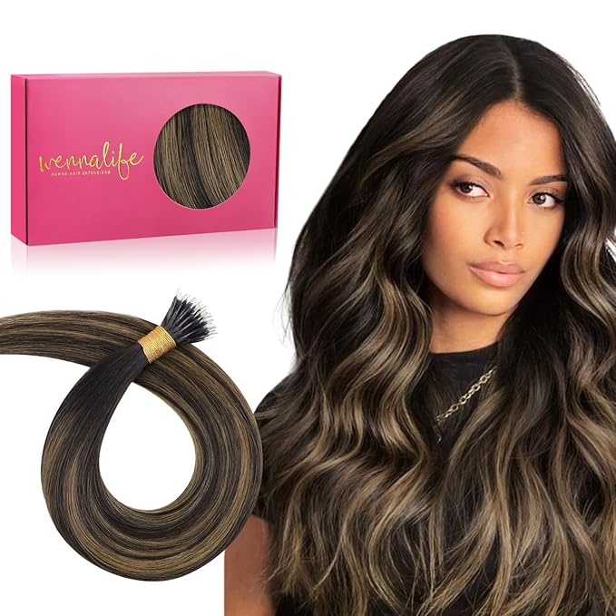 WENNALIFE Nano Bead Hair Extensions Human Hair, 50g 50s 24 Inch Balayage Dark Brown Mixed Chestnut BrownReal Human Hair Extensions for Women Invisible Nano Ring Hair Extensions Remy Hair Extensiones