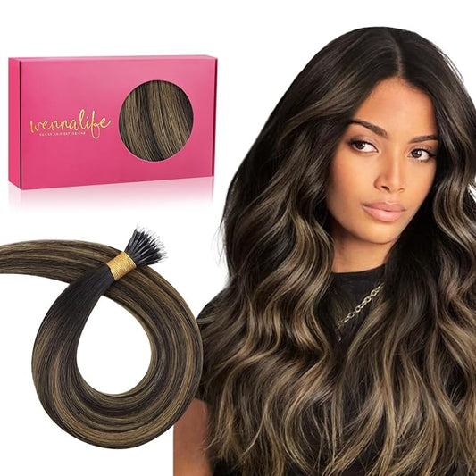 WENNALIFE Nano Bead Hair Extensions Human Hair, 50g 50s 24 Inch Balayage Dark Brown Mixed Chestnut BrownReal Human Hair Extensions for Women Invisible Nano Ring Hair Extensions Remy Hair Extensiones