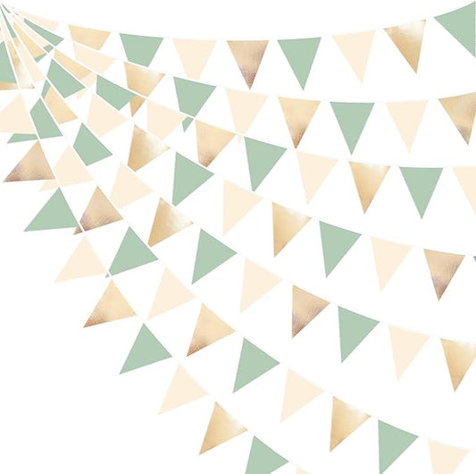 Sage Green Beige Champagne Gold Party Decorations Metallic Fabric Triangle Pennant Banner Bunting Flag Garland for Baby Shower Birthday Wedding Engagement Bridal Shower Graduation Decoration Supplies
