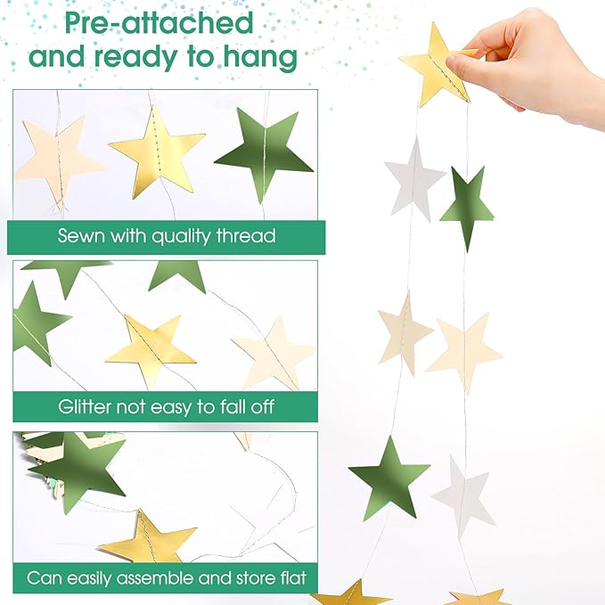 Patelai Glitter Star Garland Banner New Years Decor 130 Feet Star Hanging Banner Twinkle Backdrop for Birthday Classroom Wedding Halloween Christmas Party Supplies(Sage Green, Gold, White)