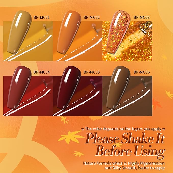 BORN PRETTY Fall Winter Gel Nail Polish Pumpkin Red Caramel Orange Brown Halloween Gel Nail Kit Cozy Campfire Autumn Gel Polish Set Nail Art Manicure Collection Christmas Gift 6PCS 7ML