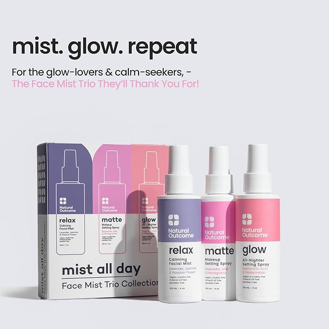 natural outcome Face Mist Trio Collection – Hydrating Facial Mist Spray for Glowing Skin – Rosewater, Lavender & Hyaluronic Acid – Makeup Setting & Refreshing Face Spray Mist