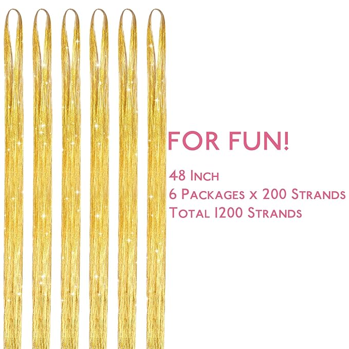 WENNALIFE Hair Tinsel for Girls, Champagne Fairy Kit 1200 Strands 6PCS 48 Inch Heat Resistant Glitter Tinsel Hair Extensions Kit Christmas Feathers Sparkle Strands