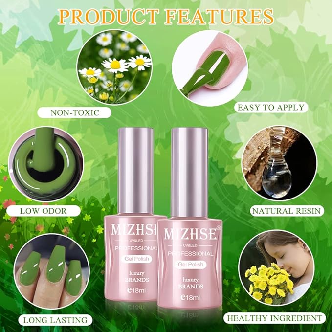 MIZHSE Green Gel Nail Polish Set, Avocado Green Gel Polish, 18ml*6 Colors Olive Neon Green U V/LED Needed, Gel Nail Kit with Gift Box Soak Off Gel for Nail Salon