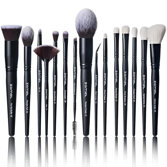ZAMEL Professional Travel Goat Hair Makeup Brushes Set, 15Pcs Kabuki Face & Eye Makeup Brush set Ultra Soft Dense Flat Foundaiton Blush And Extra-large loose Powder Brush Eyeshadow