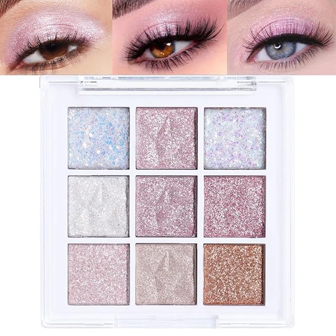 Glitter Shimmer Eye Shadow Palette Makeup,Pink White Purple Sparkle Warm Pastel 9 Colors Eye Shadow Palette,Nude White Eyeshadow Palette Colorful Long Lasting Waterproof Naturing-Looking