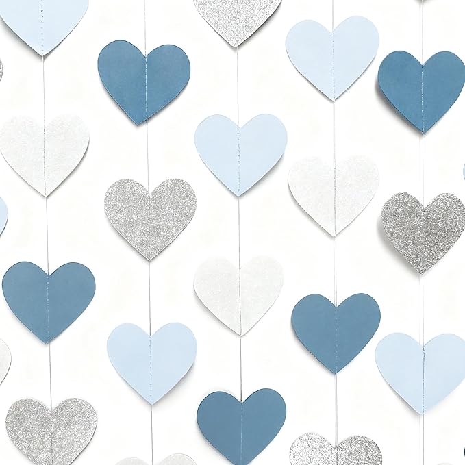 Silver Blue White Heart Party Decorations Dusty Blue Glitter Paper Silver White Love Heart Hanging Garland Streamer Banner for Birthday Baby Shower Valentines Day Anniversary Wedding Party Supplies