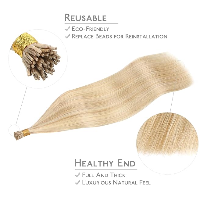 WENNALIFE I Tip Hair Extensions Human Hair, 50g 50s 18 Inch Dirty Blonde Highlighted Bleach Blonde Remy Itip Human Hair Extensions Invisible Itips Straight I Tips Fusion Extensions Real Human Hair