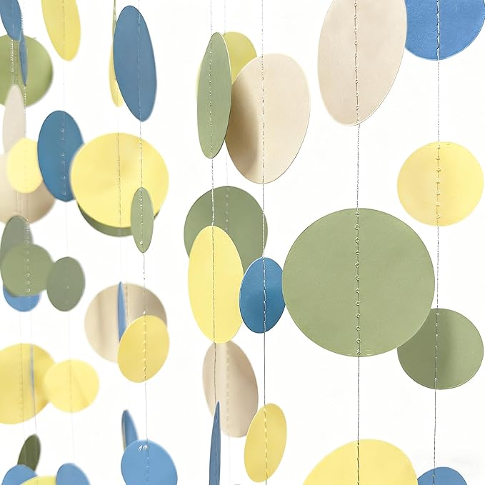 Sage Green Dusty Blue Yellow Beige Polka Dots Garlands Olive Green Macaron Yellow Dusty Blue Sand White Cream Nude Hanging Paper Circle Dots Streamer for Birthday Baby Shower Wedding Party Decorations