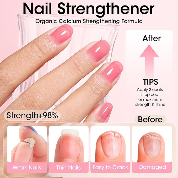 Gellen 4‑in‑1 Clear Nail Polish Base Coat Sheer Tinted Red, Ridge Filler, Nail Strengthener & Concealer, Calcium Formula Strengthens Nails, Natural Color Enhances Natural Look, No HEMA, Anti-yellowing