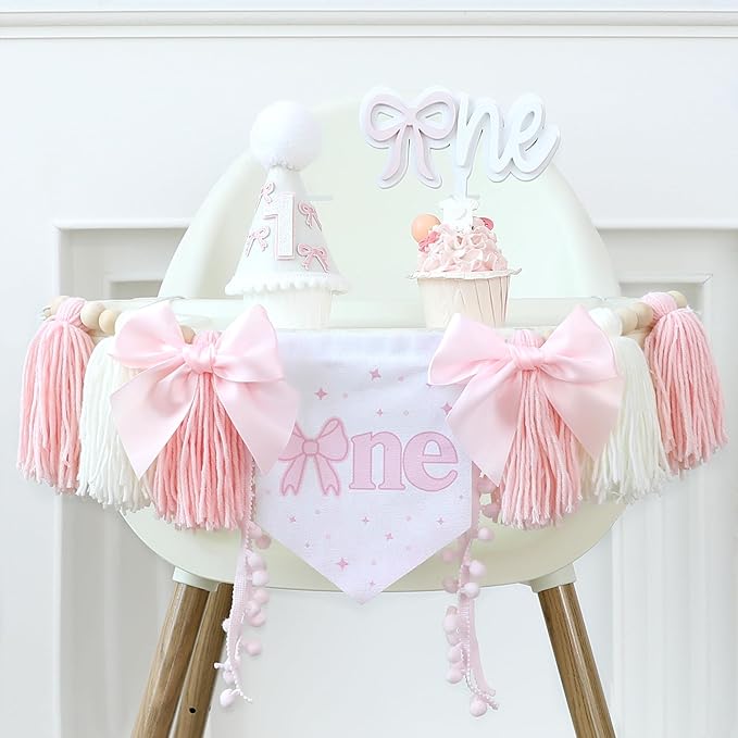Pink Bow 1st Birthday Highchair Banner Decorations Wood Bead Tassel Garland Cone Hat Wooden Cake Topper For Baby Girls