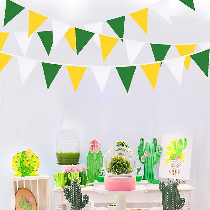 32Ft Yellow Green White Pennant Banner Fabric Triangle Flag Bunting Garland for Spring Summer Party Decorations Birthday Wedding Engagement Baby Shower Tea Party Outdoor Garden Hanging Decorations
