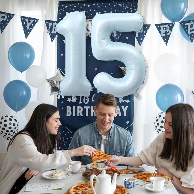 15th Birthday Balloons for Boys, 40'' Foil Self Inflating Light Baby Matte Blue Number 15 Balloon, Pastel Sky Blue Large Helium Mylar 15 Balloon Number for Birthday Party Decor Anniversary Decorations