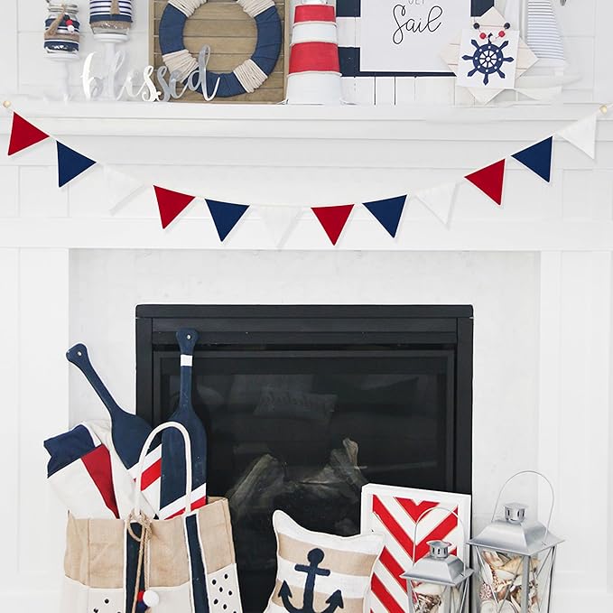 2 Sets of Red Blue White Nursery Garland 24Pcs Patriotic 4th of July Fabric Pennant Banner Flags Triangle Streamers for USA American Independence National Day Birthday Baby Shower Party Decorations