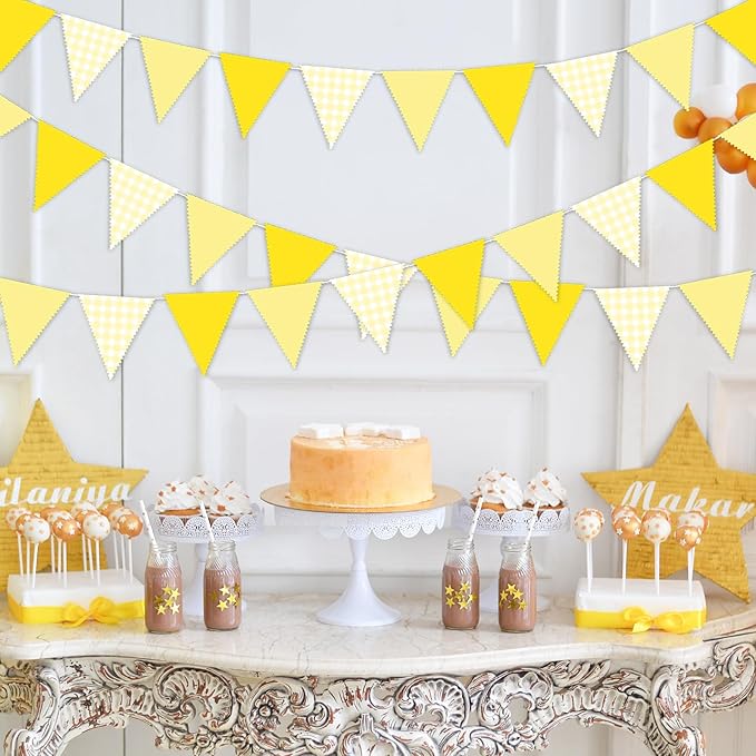 33 Ft Hanging Banner Decoration Triangle Flag Yellow Pennant Plaid Fabric Bunting Garland for Birthday Baby Shower Party Supplies