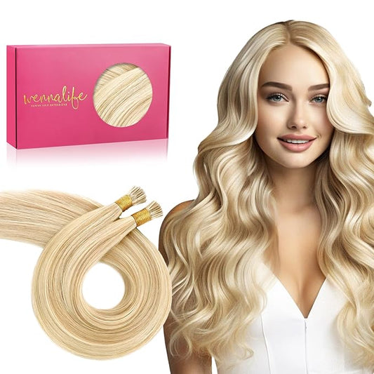 WENNALIFE I Tip Hair Extensions Human Hair, 50g 50s 20 Inch Dirty Blonde Highlighted Bleach Blonde Remy Itip Human Hair Extensions Invisible Itips Straight I Tips Fusion Extensions Real Human Hair