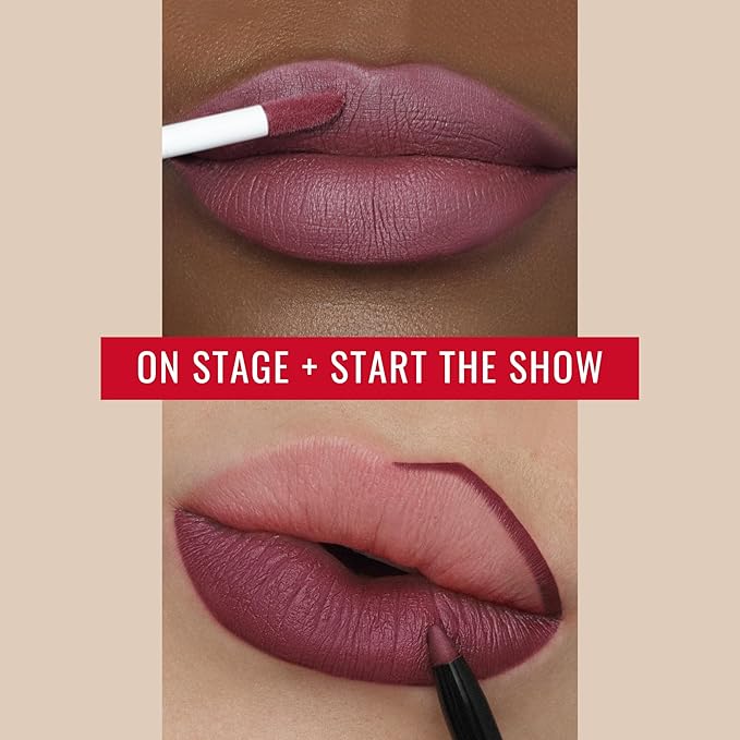 Runway Rogue ‘On Stage’ Velvet Glam Liquid Lipstick, Almost-Matte Rose Plum Lipstick with ‘Start the Show’ Designer Liner Lip Pencil, Matte Muted-Plum Lip-Liner Pencil and Lip-Liner Sharpener