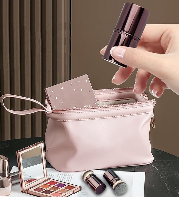 Retractable Kabuki Makeup Brush, Powder Brushes Foundation Travel Brush for Blush Bronzer & Powder, Silicone Lip Brush, Double-Ended Multi-purpose Makeup Blending Brush with Lid