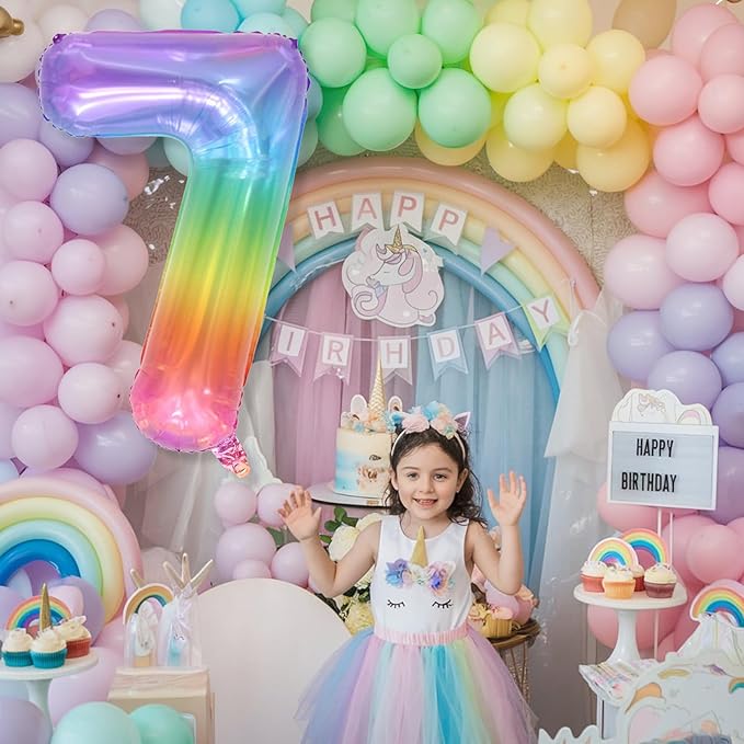 7th Birthday Balloons for Girls, 40'' Foil Self Inflating Light Rainbow Number 7 Balloon, Large Helium Mylar Colorful Multicolor 7 Balloon Number for Kids Birthday Party Decor Anniversary Decorations