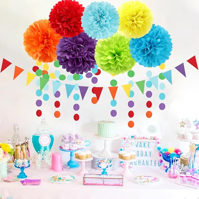 Rainbow Red-Orange Green-Blue Purple Party-Decorations - 30pcs Tissue Pom Poms Streamers, Colorful Theme Tassel Garland Banner, Boy Girl Kids Birthday Supplies,Baby Shower Wedding Decor Ouruola