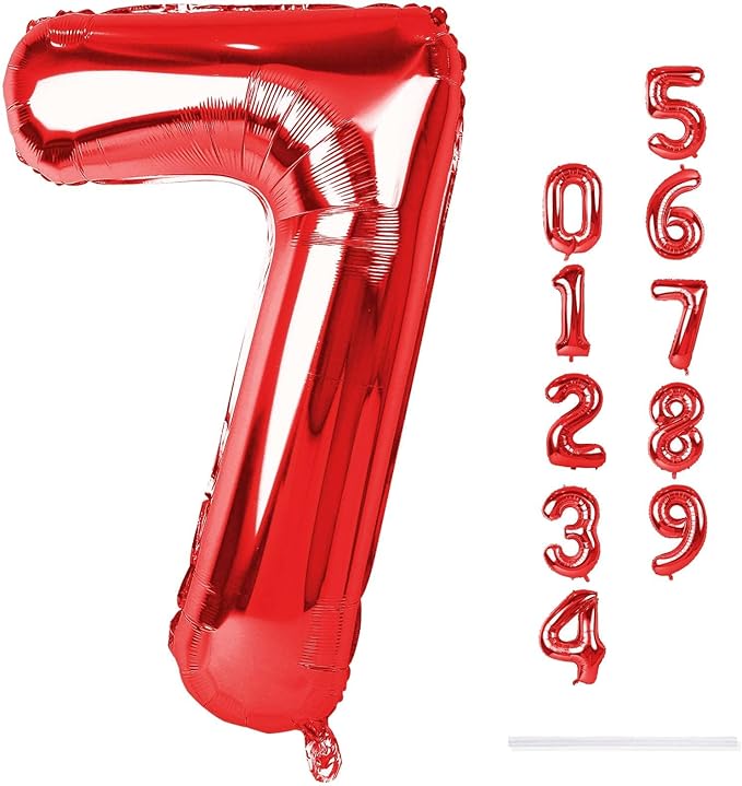40 Inch Red Number 7 Balloon for Boys Girls, Large Self Inflating Foil Number Balloons 0-9 for Boys Girls, Digit 7 Helium Balloons for Women Men Birthday Christmas New Year Party Anniversary Supplies