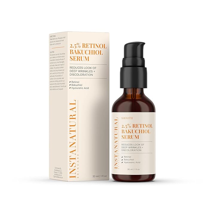 InstaNatural Retinol Serum for Face with 2.5% Retinol, Bakuchiol, Hyaluronic Acid & Squalane | Smoothing Serum for Even-Toned, Youthful-Looking Skin - 1 Fl Oz