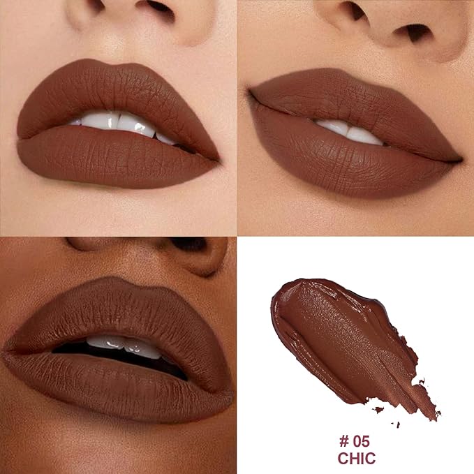 O'CHAIN Dark Brown Matte Lipstick, Long Lasting Full Coverage Non-Transfer Lipstick for Women Infused with Jojoba Oil and Vitamin E, Cruelty-Free & Vegan (05 CHIC) 0.12 Oz