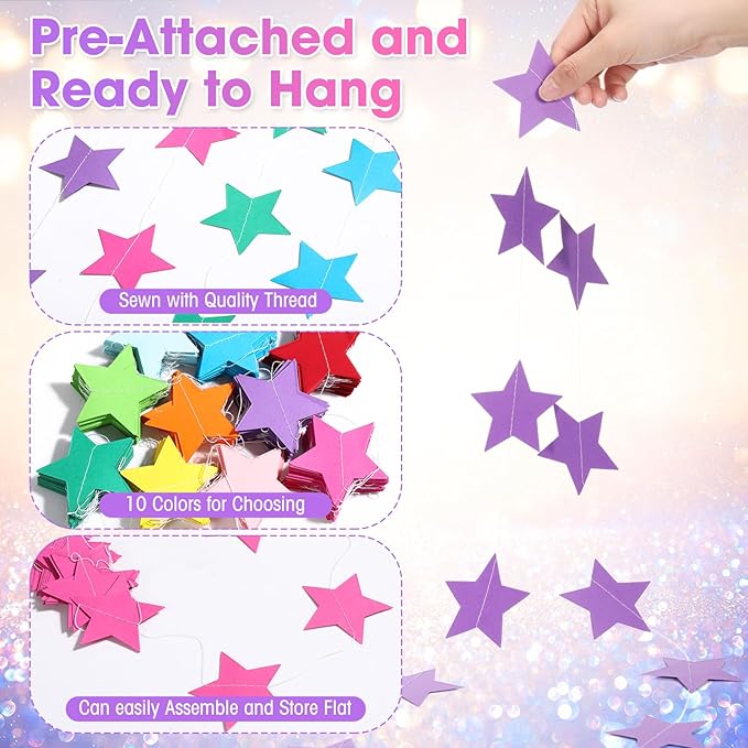 Patelai Glitter Star Garland Banner New Years Decor 130 Feet Star Hanging Banner Twinkle Backdrop for Birthday Classroom Wedding Halloween Christmas Party Supplies(Rainbow)