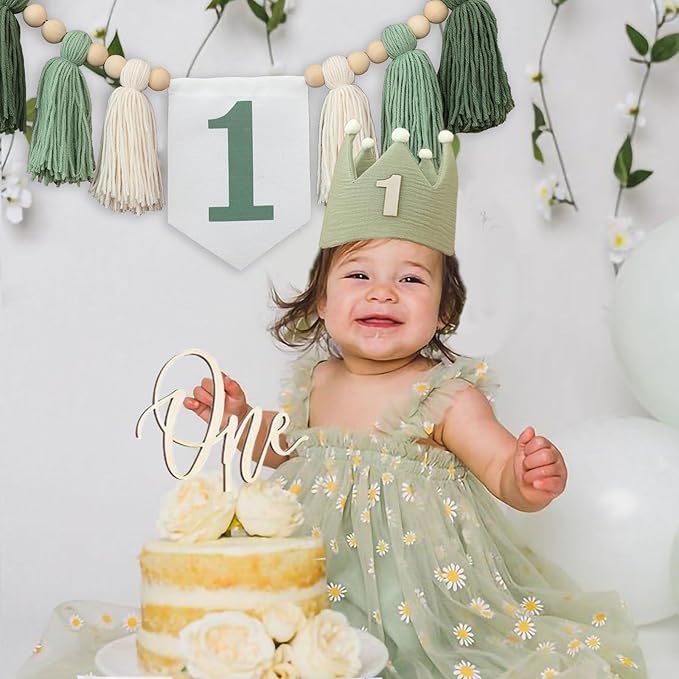 Wild One High Chair Banner For 1st Birthday Party Decorations With Green Wood Bead Tassel Garland Crown Hat Wooden Cake Topper
