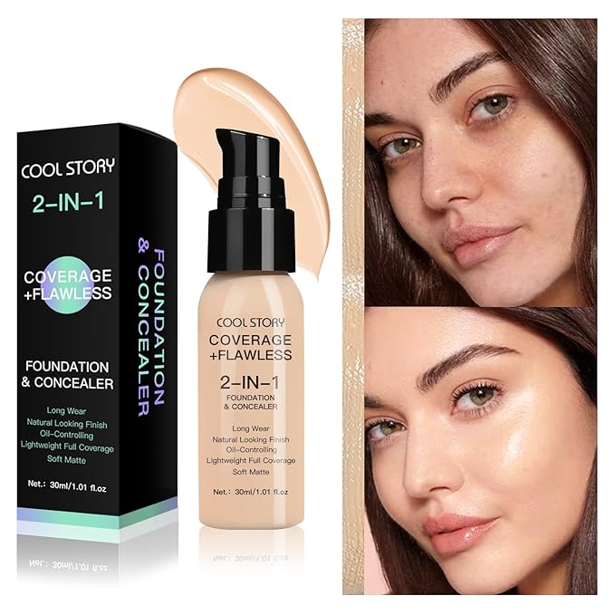 2-in-1 Foundation and Concealer Long Wear Natural Matte Finish Lightweight Coverage (Light)