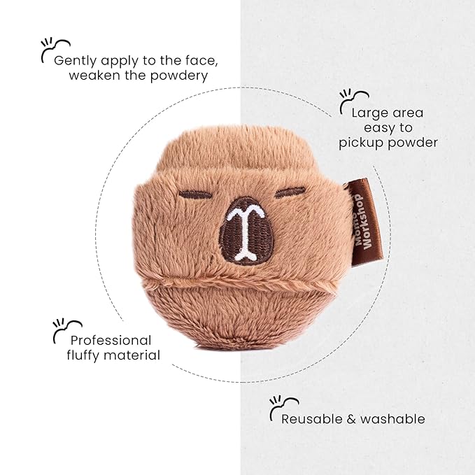 Momo's Workshop Face Fluffy Powder Puff for Makeup,Large Soft Velour Makeup Puff for Loose Or Pressed Powders,2pcs Cute Brown Powder Puffs & Storage Case