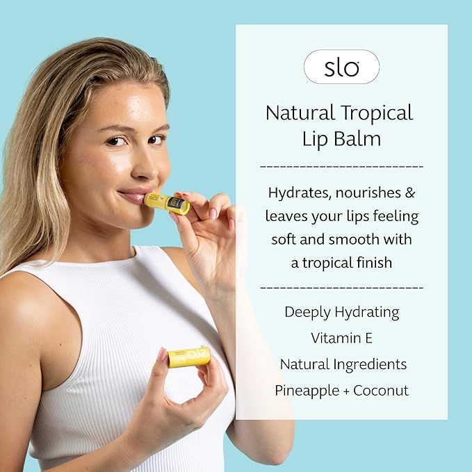 Slo | Natural Lip Balm - All Natural Ingredients, Vegan & Cruelty Free, Hydrating & Soothing, Plastic Free, Paper Packaging | Pina Colada + Zinc, (0.28oz/8g)