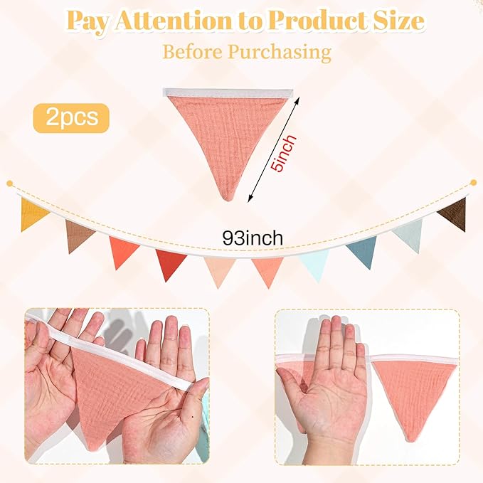 2PCS Pennant Banner Flags,Thanksgiving Decor Fabric Bunting Banner Nursery Garland Decor,Baby Shower Garland,Triangle Flags for Baby Boy Room,Playroom,Boho Birthday Party Decor, Each 7.75 ft