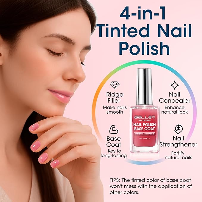 Gellen 4‑in‑1 Clear Nail Polish Base Coat Sheer Tinted Red, Ridge Filler, Nail Strengthener & Concealer, Calcium Formula Strengthens Nails, Natural Color Enhances Natural Look, No HEMA, Anti-yellowing