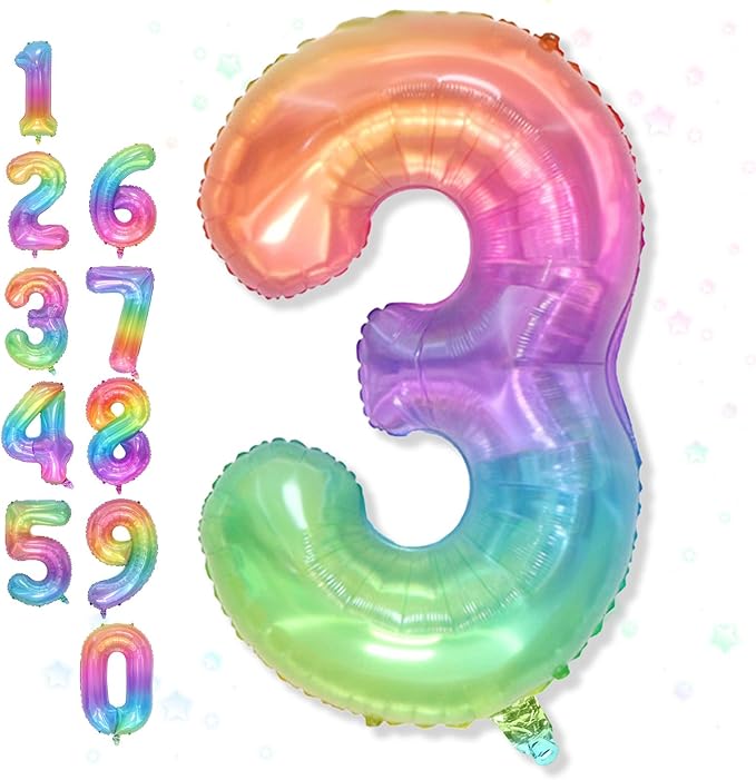 3rd Birthday Balloons for Boys, 40 Inch Foil Self Inflating Rainbow Number 3 Balloon, Large Mylar Colorful Multicolor 3 Balloon Number for Kids 3 Yeal Old Birthday Party Decor Anniversary Decorations