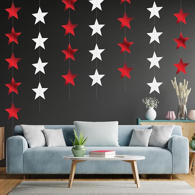 Patelai 130 Feet Glitter Star Garland Banner Decoration Hanging String Star New Year Eve Party Supplies Gold Black Party Decor for 2026 New Year Valentines Wedding Birthday (Red and White)