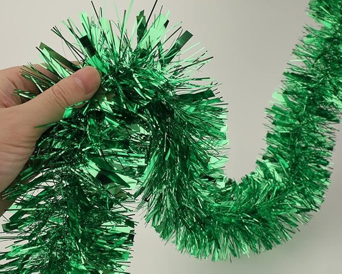 25 ft Long Roll Green Tinsel Twist Garland, Shiny Metallic Foil Decorations for Parade Floats, Halloween, Christmas Eve, New Year Parties (4" x 25' roll, Green)