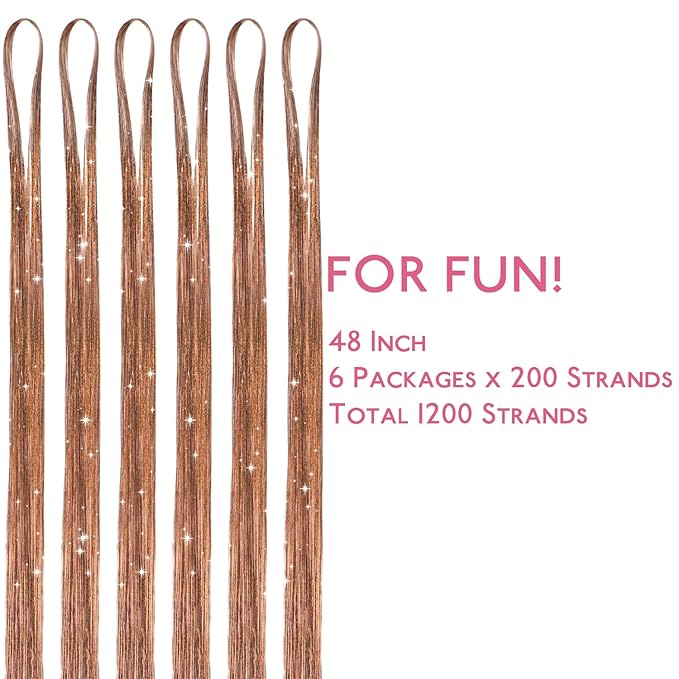 WENNALIFE Hair Tinsel for Girls, Golden Brown Fairy Kit 1200 Strands 6PCS 48 Inch Heat Resistant Glitter Tinsel Hair Extensions Kit Christmas Feathers Sparkle Strands