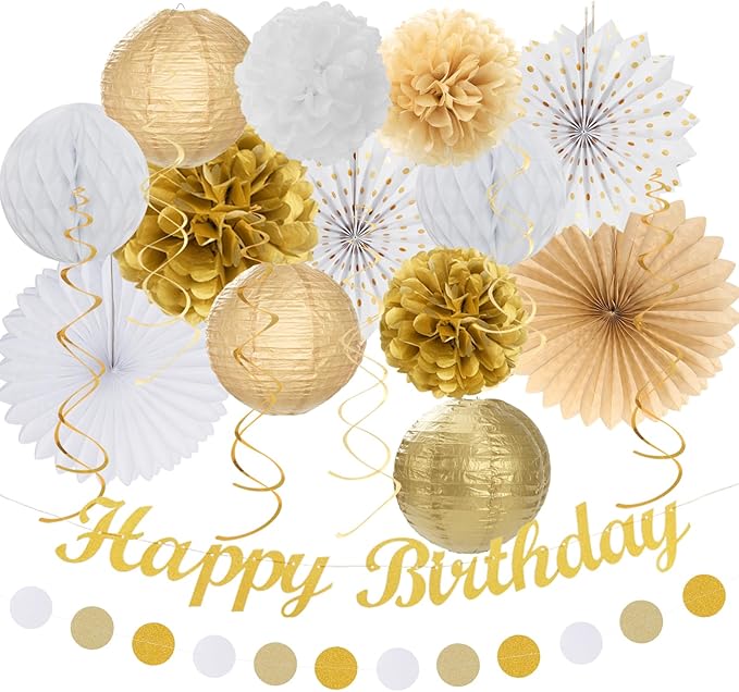 White Champagne Gold Birthday Party-Decorations - 21pcs Happy Birthday Banner,Paper Lanterns,Tissue Pom Poms Flower Fan,Honeycomb Ball,Swirl Streamers Garland Supplies Women Men Decor Huglony