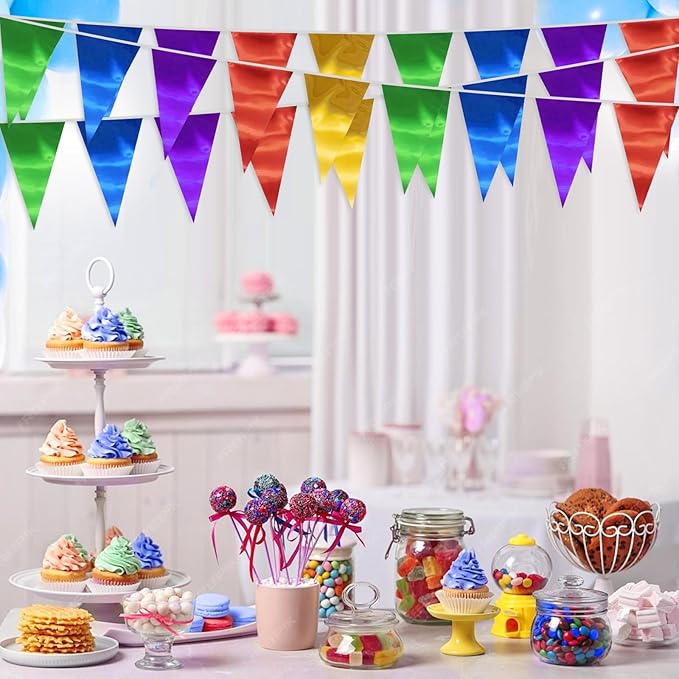 20M/65FT Colorful Triangle Pennant Banner Flag Metallic Fabric Bunting Garland for Christmas Graduation Wedding Engagement Anniversary Bachelorette Birthday Bridal Shower Valentines Hen Party Supplies